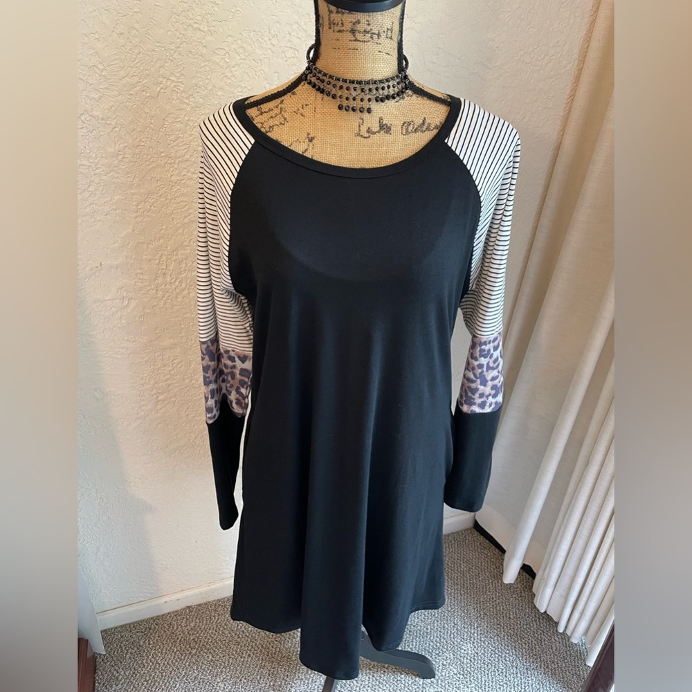 Comfy Knit Long Animal Print Striped Sleeve Dress